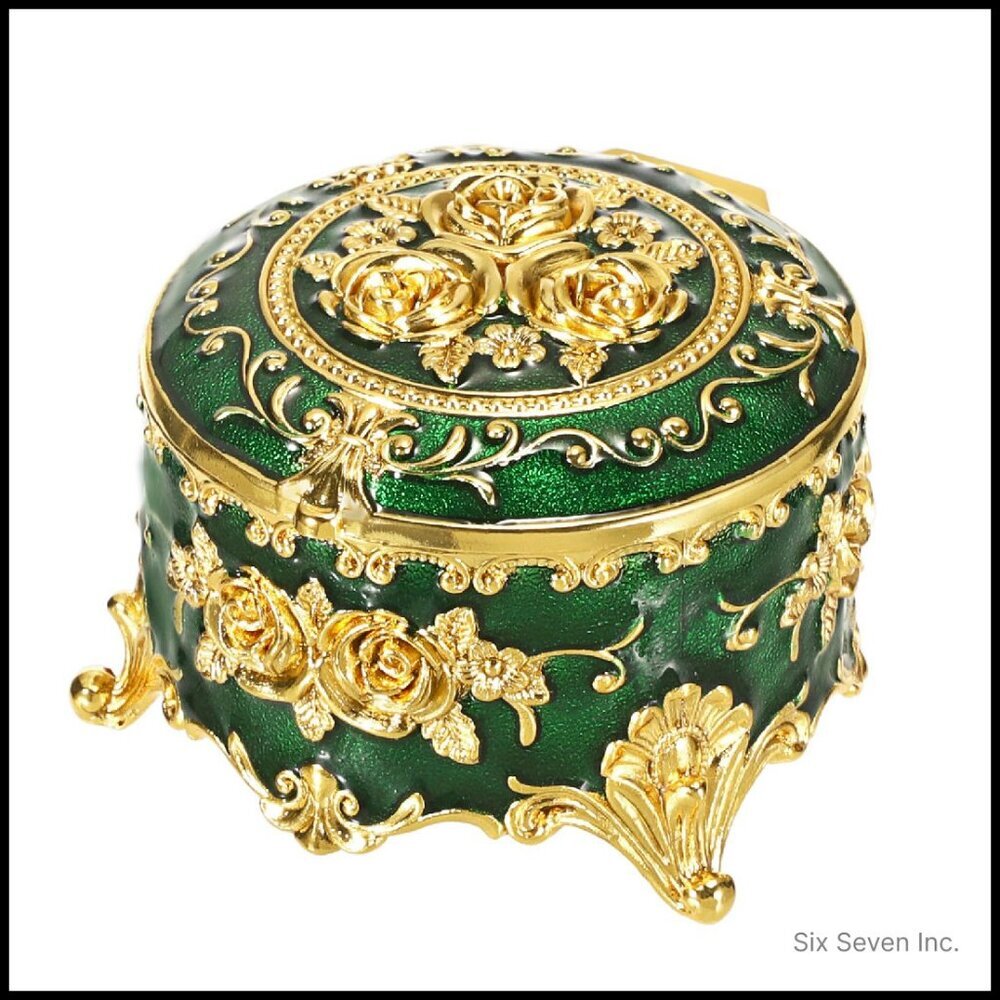 Vintage Jewelry Box Round Gold Metal Treasure Chest Organizer Keepsake